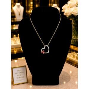 Sterling Silver S925 Heart Butterfly Pendant Necklace Pink & Clear CZ Romantic